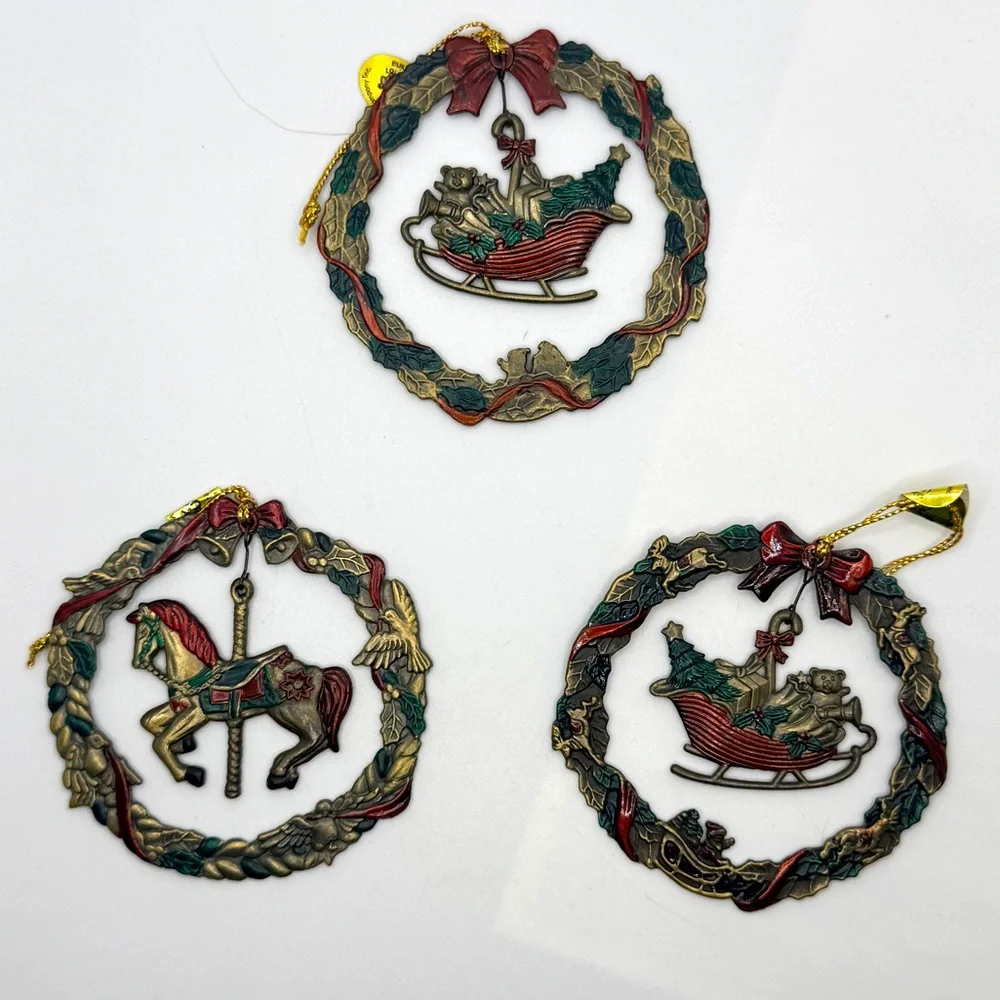Vintage 90s‎ Russ Heirloom Collection Christmas Ornaments Sleigh Carousel Horse